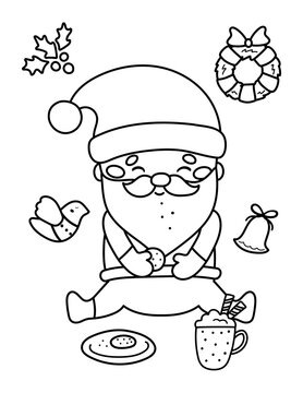 Funny Christmas coloring page for children. Santa Claus is eating cookies and drinking a cocoa drink. Vector outline illustration.