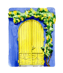 Watercolor illustration. Modern bright yellow door on a blue wall. climbing plant with yellow flowers Bright illustration for greeting cards