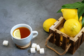 Cup of tea with lemon and fresh ripe lemons in wooden basket and on the gray background close up. Side view, copy space. Healthy fruit food and drinks.