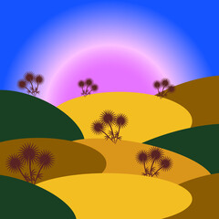 Minimalistic landscape, sun, hills, sky. Illustration.