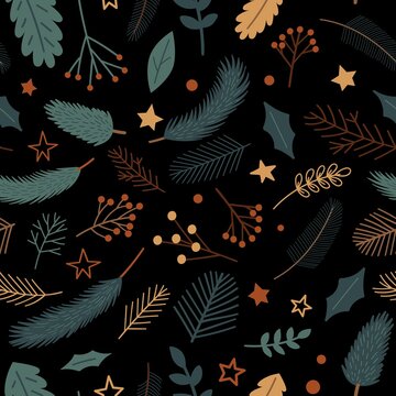 Seamless pattern with Christmas decoration, pine branches, berries, mistletoe, stars and plants on black background