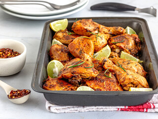 Baked Chicken with Herb in a Baking Sheet Close Up Photo