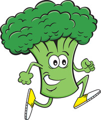 Cartoon illustration of a stalk of broccoli running while wearing athletic shoes.