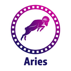 A ram profile with a large horn in a circle. Side view. Zodiac astrology symbol of the sheep. Aries illustration vector flat design. Silhuette of a goat as a mascot of fortune and sport