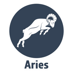 A ram profile with a large horn in a circle. Side view. Zodiac astrology symbol of the sheep. Aries illustration vector flat design. Silhuette of a goat as a mascot of fortune and sport