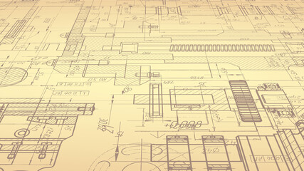 Retro technology drawing .Engineering plan scheme .Mechanical Engineering drawing .Computer aided design systems.Industrial Technology Banner.