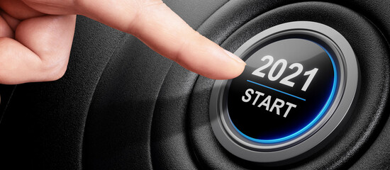 2021 - Press the start button. Concept of the New Year. 3D illustration