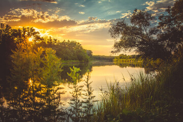 summer, nature, river, water, fields, trees, sunset