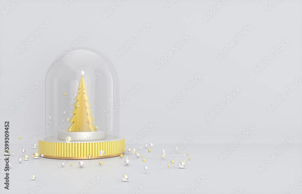 Aufkleber Christmas and New year background with Christmas tree and snow globe. 3d render.
