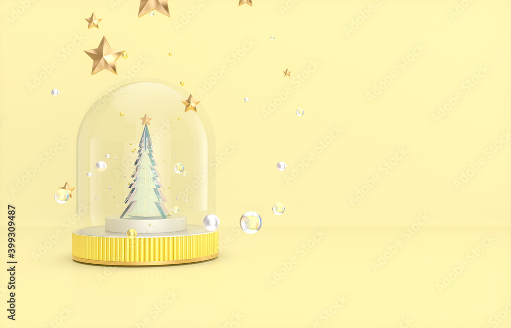 Poster Christmas and New year background with Christmas tree and snow globe. 3d render.