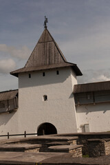 View of the old street by the river in the center of the city . Pskov, Russia