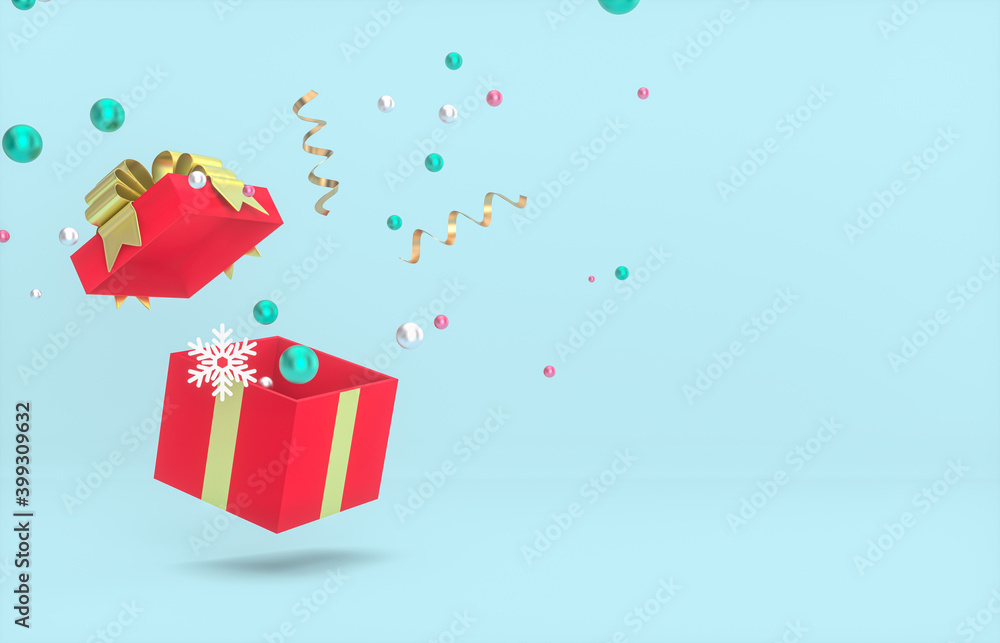Aufkleber christmas and new year background with empty gift box and confetti. 3d render.