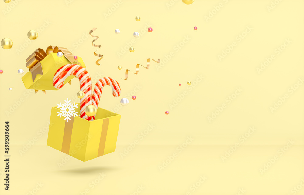 Poster Christmas and New year background with empty gift box and confetti. 3d render.