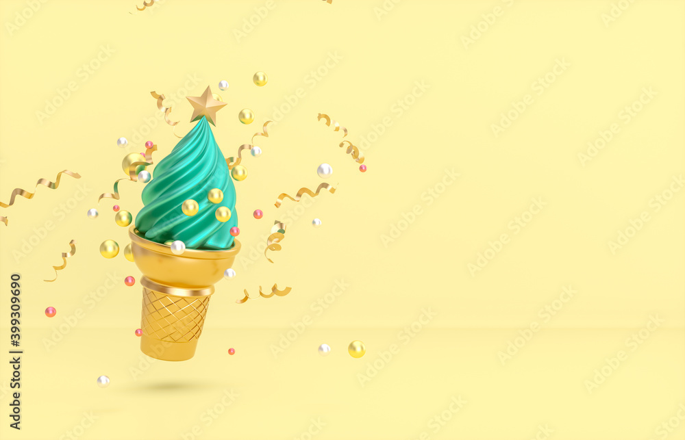 Aufkleber christmas and new year background with christmas tree on ice cream cone. 3d render.