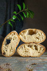 fresh ciabatta bread yeast-free sourdough or yeast dough  structure on the table snack top view copy space food background rustic