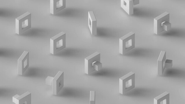3d seamless bright looping minimalist background. 4k template. Isometric camera and grid cloning of white cubes geometry.