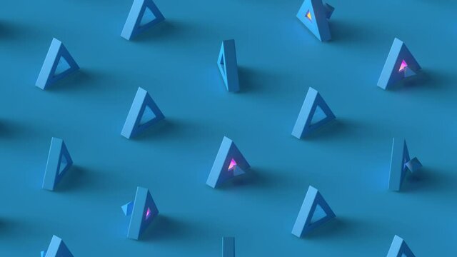 3d seamless looping minimalist background. 4k template. Isometric camera and grid cloning of blue triangles geometry.