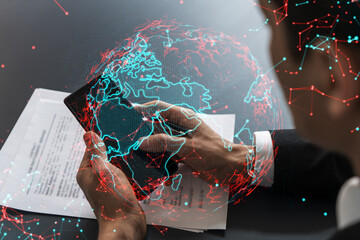 Man in office working with Smartphone, Searching for new countries to work with. International...
