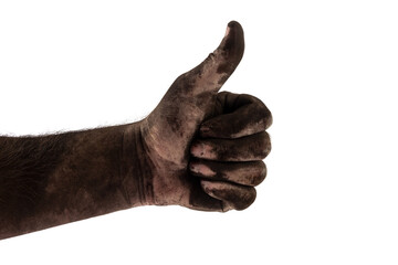 men's dirty black hand shows class isolated on white background