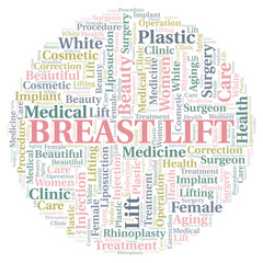 Breast Lift typography word cloud create with the text only. Type of plastic surgery