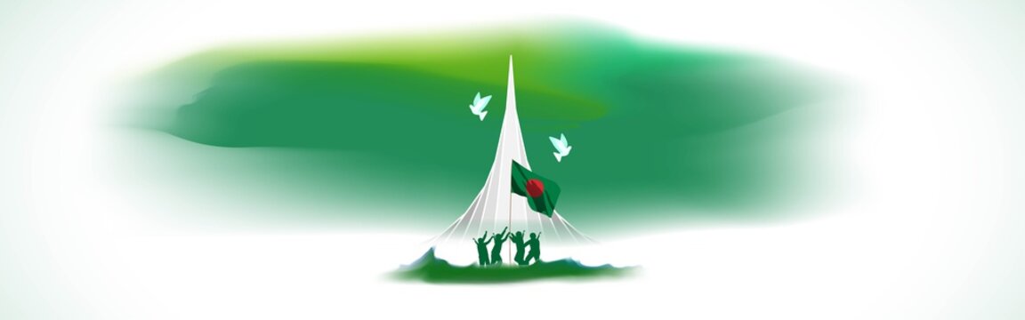Vector illustration for Bangladesh victory day, national day, soldiers, flag hoisting, pigeon, mountain on abstract background with patriotic color theme and national building 
