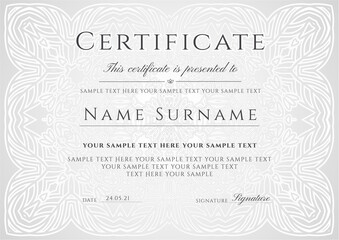 Silver elegant certificate with line curve pattern ornament on background. Vintage vector template for invite, diploma