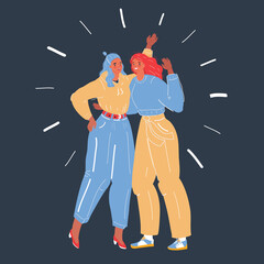 Vector illustration of Pair of pretty young women standing together and hugging. Close friends or sisters embracing and laughing. Female cahracter on dark backround.