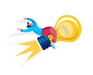 A young man flies on a light bulb-thoughts, as on a rocket. Vector illustration of a successful idea.