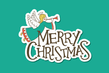 Merry Christmas Lettering with an Angel. Sticker Design - 399314489