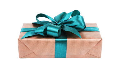 Brown gift box tied green ribbon bow