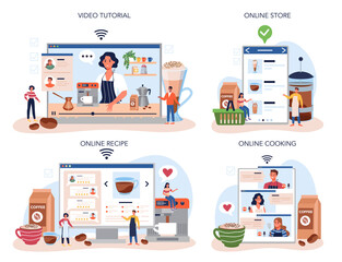 Barista online service or platform set. Bartender making a cup of hot coffe.