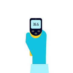 Hand with gloves holding distant electronic thermometer. Check control body temperature. Coronavirus prevention. Vector flat illustration
