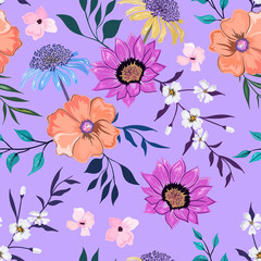 Colorful hand drawn seamless pattern with botanical floral design illustration.