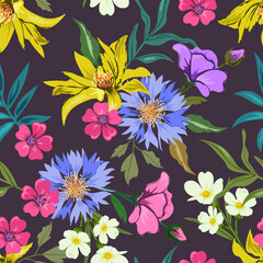 Colorful hand drawn seamless pattern with botanical floral design illustration.