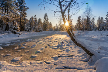 tranquil winter landscape at sunset with fresh powder snow in the Allgaeu alps, Bavaria, Germany