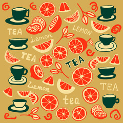 Vector drawing of lemons, lemon slices and mugs with tea. The drawing is made in a doodle style.
