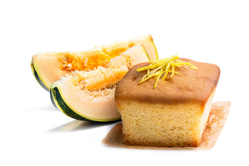 Homemade pumpkin loaf decorated with lemon zest isolated on white