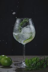 Alcohol drink splashing. Gin tonic cocktail with lime, rosemary, mint and ice over black background.