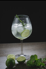 Vodka with lime, mojito or gin and tonic with lime slice and ice on the rocks in a crystal glass on a black background
