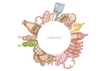 Frames with pastel spatula, Pork ribs, kebab, sausages, steak, sauce bottles, grilled burger patties, grilled tomato, grilled salmon steak, grilled bell pepper