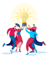 A group of people in casual clothing is holding a large idea. Vector illustration on the topic of brainstorming and collaboration.