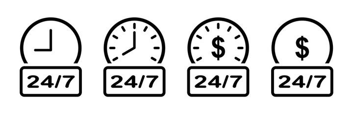 24 hours 7 days in week, 24 hours a day icons set. Fulfillment of orders, work schedule, service-center.