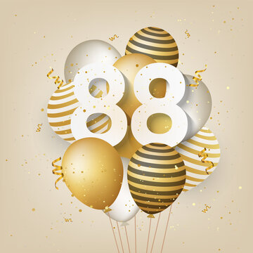 Happy 88th birthday with gold balloons greeting card background. 88 years anniversary. 88th celebrating with confetti. Vector stock