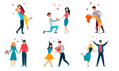 Set of loving couples. Vector illustration of characters. Men and women in cartoon style.