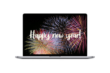 laptop displays fireworks and words happy new year 2021