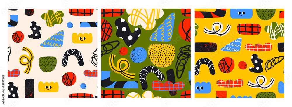Poster set of three square seamless patterns. hand drawn various colorful shapes and doodle objects. differ