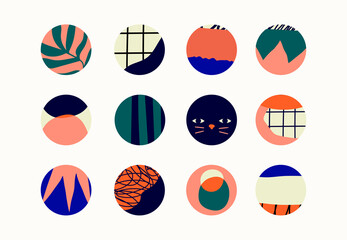 Fototapeta premium Set of round Abstract colorful Backgrounds or Patterns. Hand drawn doodle shapes, spots, drops, curves, lines. Contemporary modern trendy Vector illustration. Poster, print, social media templates
