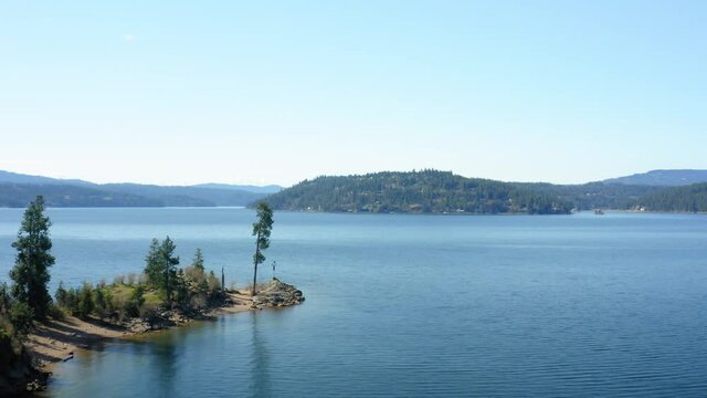 Scenic aerial drone of Tubbs Hill Tree over Coeur d'Alene Lake up close