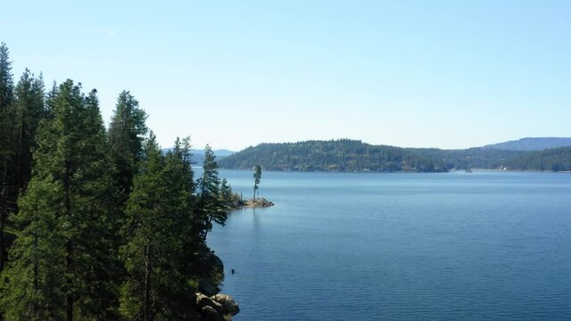 Aerial drone along Tubbs Hill above Coeur d'Alene Lake in North Idaho