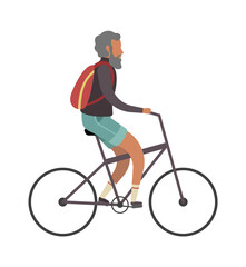 Old man cyclist. Elderly on bike with backpack outdoor activities, simple senior character healthy leisure lifestyle and sport for pensioner flat cartoon vector street riding concept